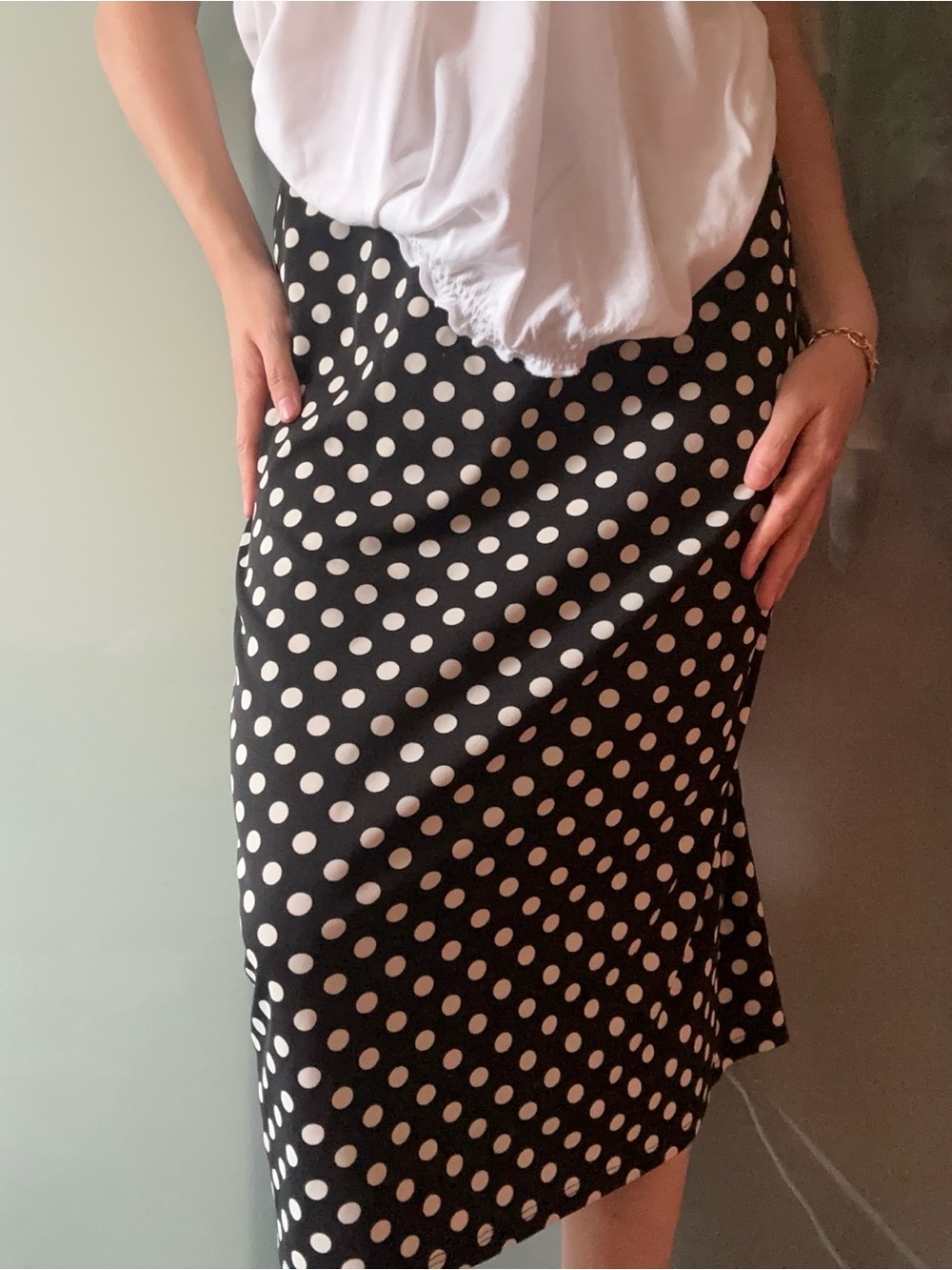 Central Park West Black & White Polka Dot Midi Skirt | Size Medium